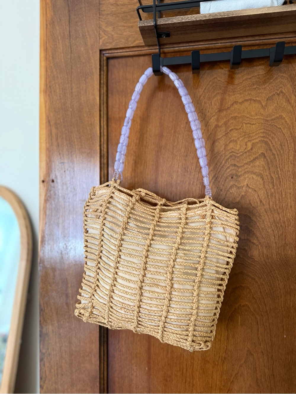Y2K American Eagle boho straw shoulder tote with purple beaded stone strap - Picture 2 of 4